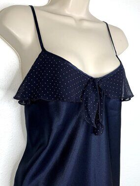 VAL MODE Slippery Navy SLIP DRESS L White Polka Dot Ruffle Babydoll Whimsygoth